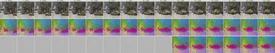 Autoregressive prediction of DINO-world with 10 frames of context. Top row: ground-truth video. Middle row: per-frame DINOv2 features. Bottom row: autoregressive predictions of DINO-world.